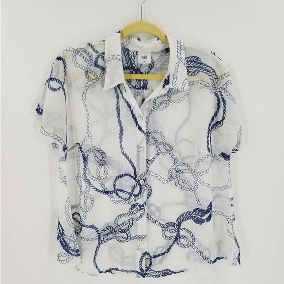 Cabi Blouse Size M Collared Short Sleeve Button Down Shirt Boating Print White - Picture 3 of 9
